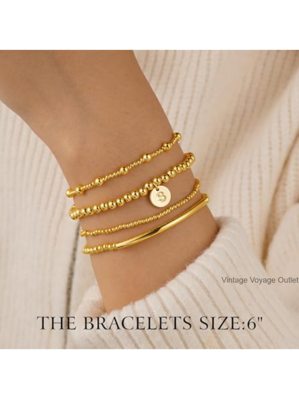Turandoss Gold Stainless Steel Cross Bead Bracelet Set Letter A-Z Trendy